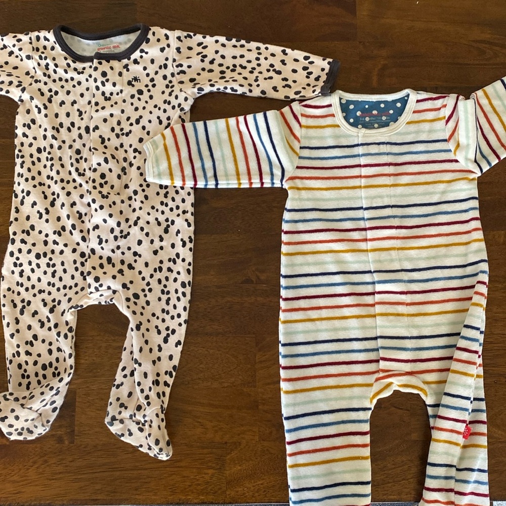 TWO like new Magnetic Me footie pajamas in size 3-6 mo - fun spotted and stripes